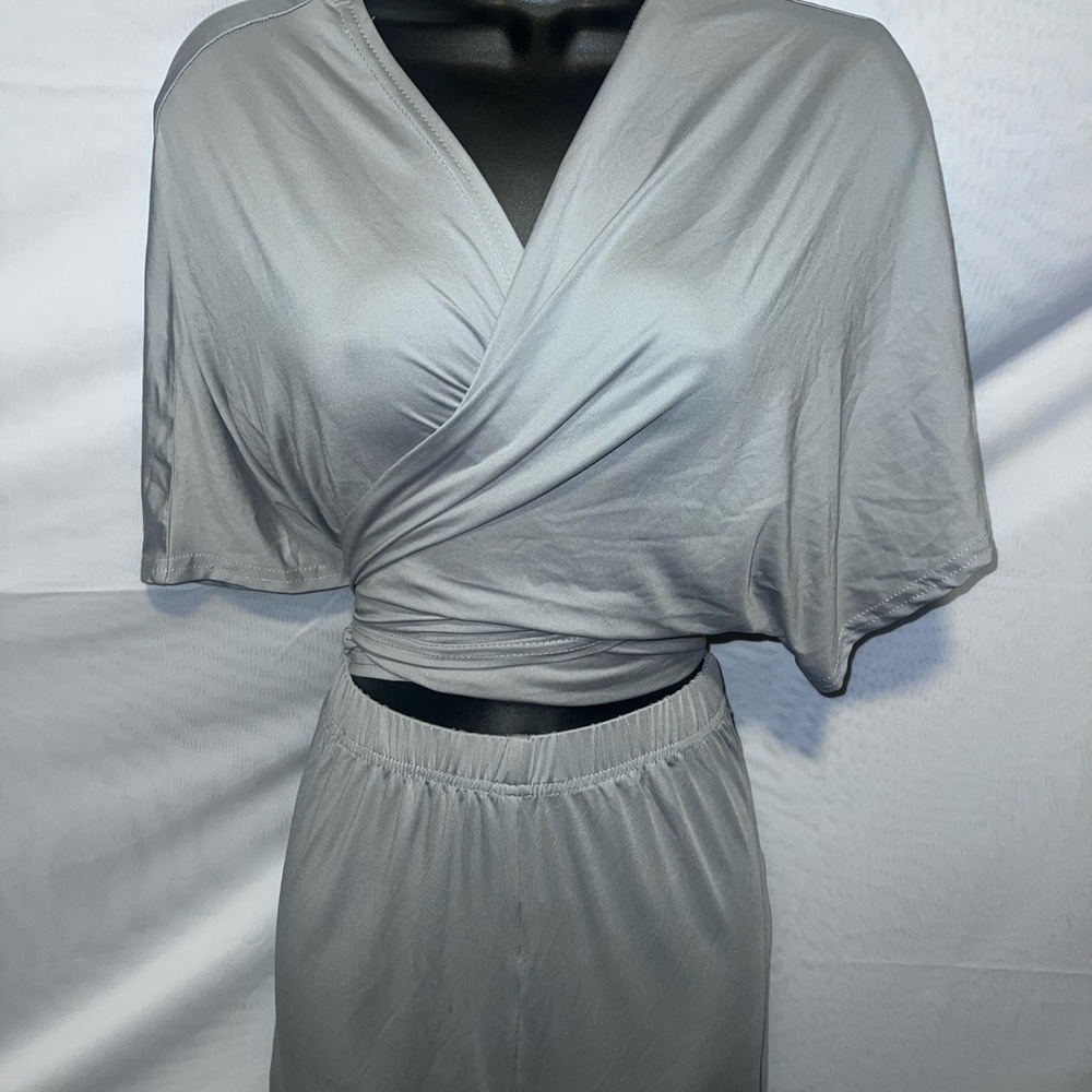 Elegant Gray Wrap Top Pants Outfit